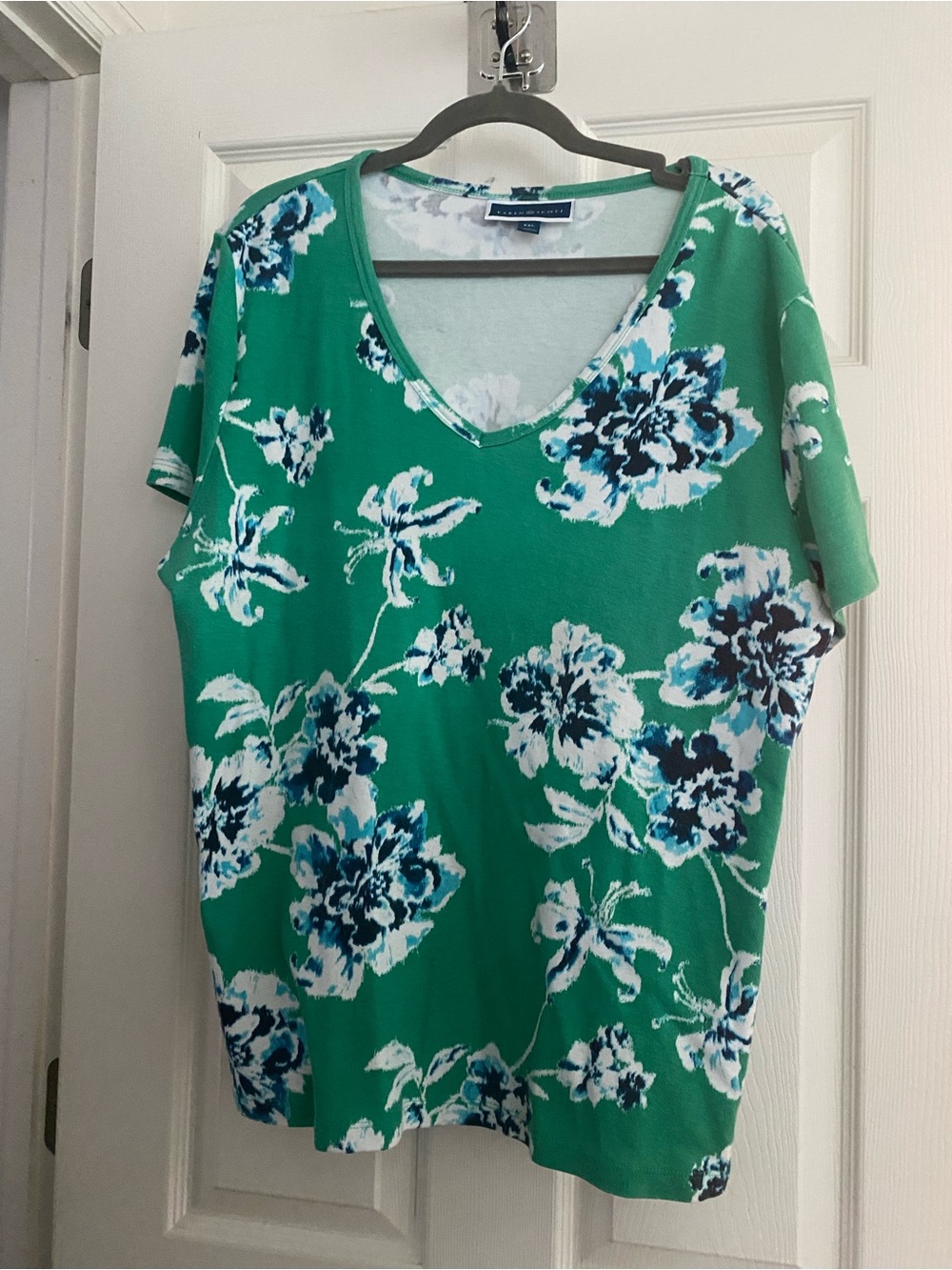 Karen Scott Emerald Green Floral V-Neck Short Sleeve Tee XXL